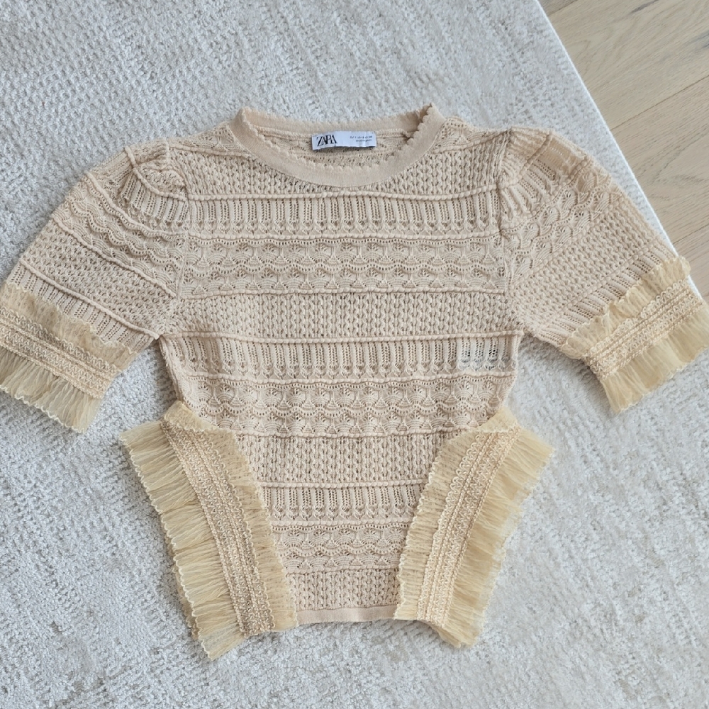 Zara Cream Knit Top with Fringe Accents